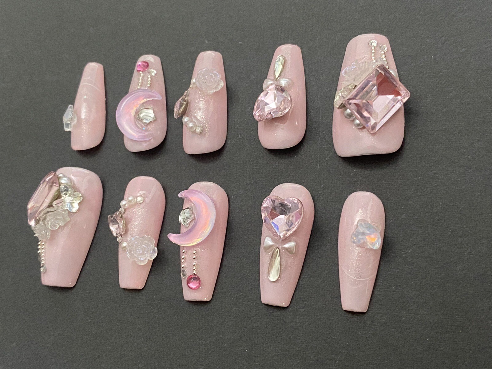 Diamond Shine Pink Nails- Custom Gel Press on Nails Handmade 10 pc set MEDIUM