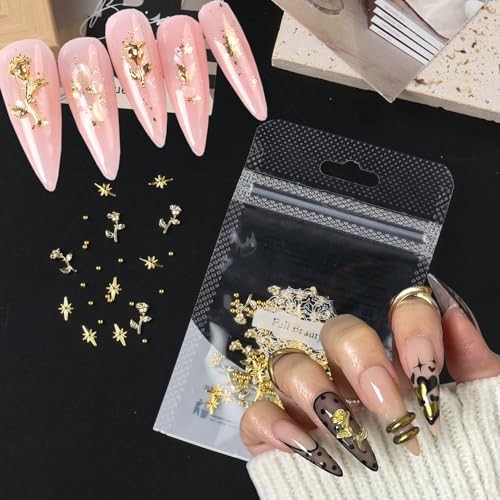 1Bag Metallic Rose Flower Star Nail Art Charms 3D Gold Beads Colorful -20
