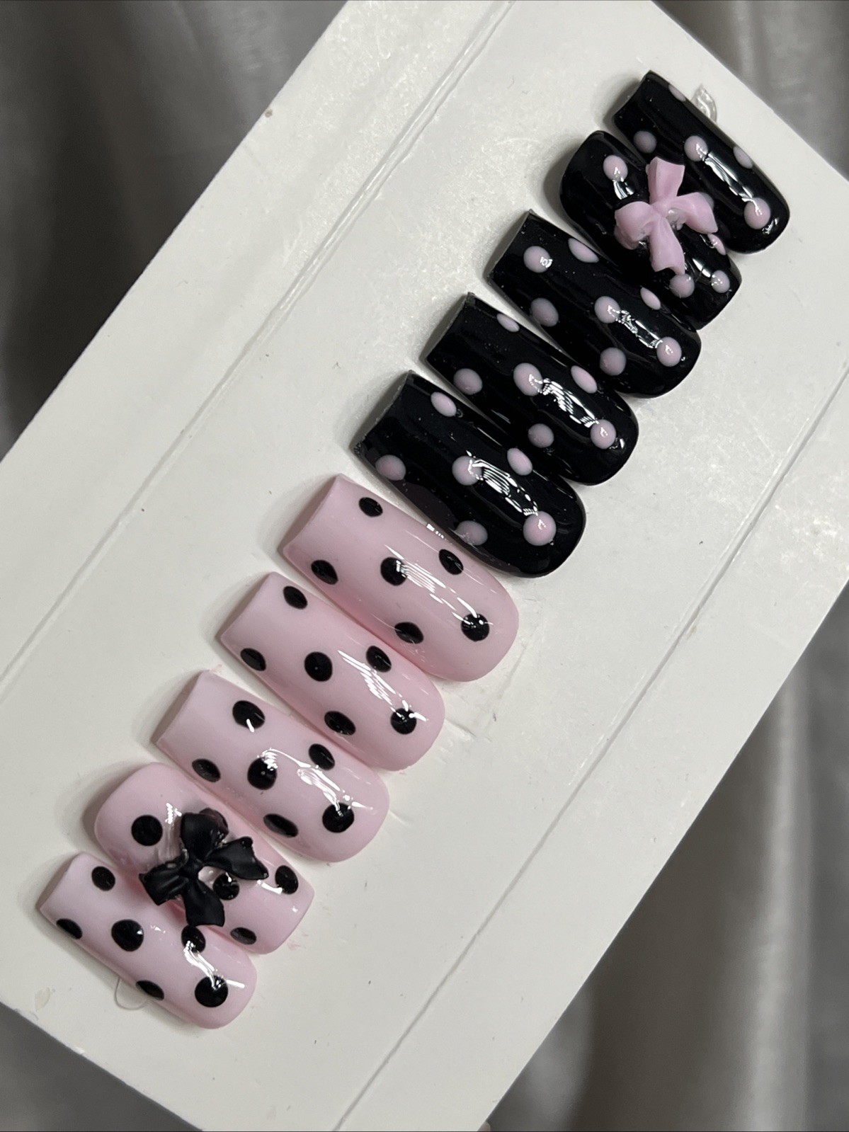 🌸 CUSTOM Press On Nails PINK BLACK POLKA DOTS BOW 10p SET W Kit