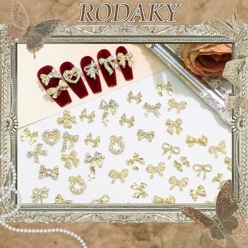 58PCS Bow Nail Charms Gold Charm for Nails Crystal Heart Bowknot Nail Art
