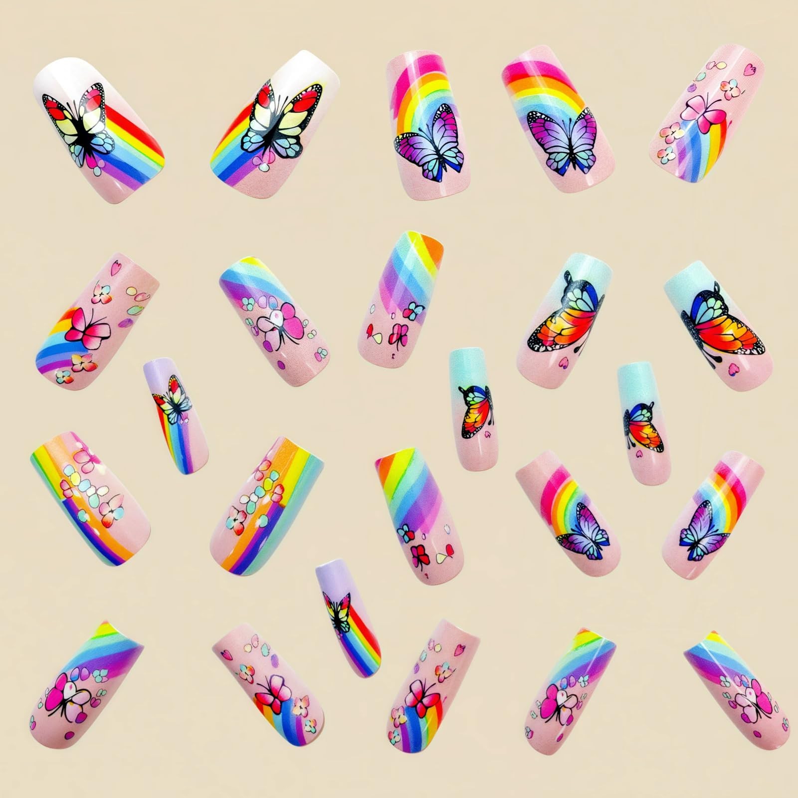 24Pcs Butterfly Press on Nails Medium Coffin Fake Nails Cute Little Spring Fl…