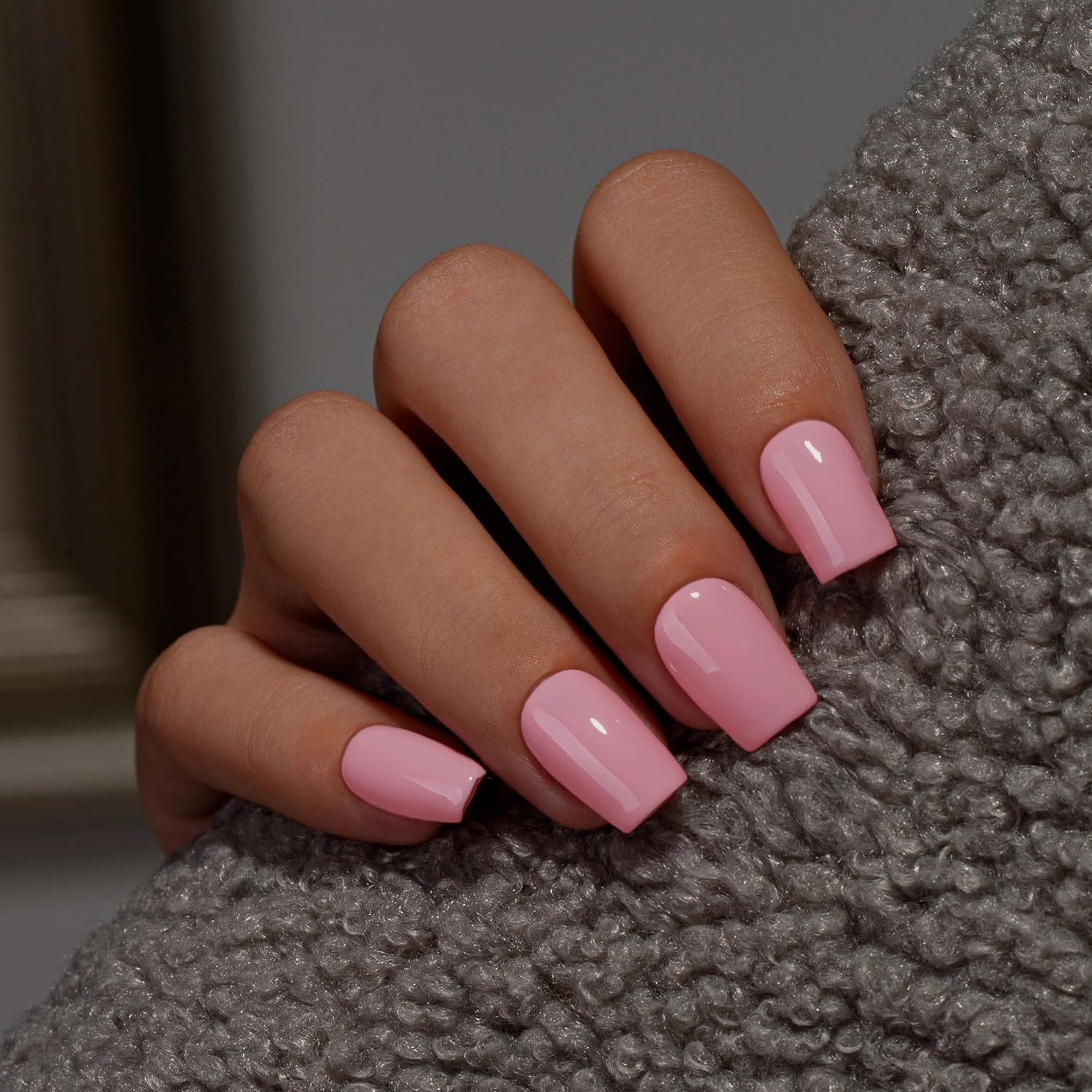 KQueenest Nude Pink Press On Nails Medium Square – Acrylic Coffin Nails, Sheer