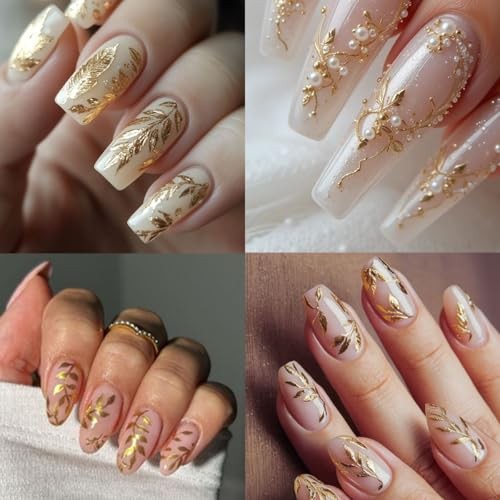 6 Sheets Gold Nail Stickers for Nail Art 3D Self-Adhesive Metallic Floral Leaf