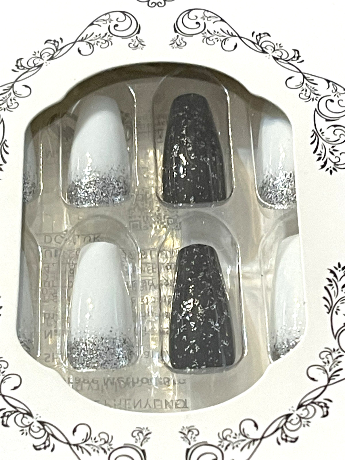 For Wonderful Nail Collection WHITE & BLACK with SILVER ACCENTS Press On Mani