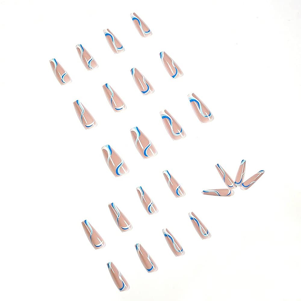 Extra Long Coffin Press on Nails – Coffin Blue Fake Nails Full Cover Ballerin…