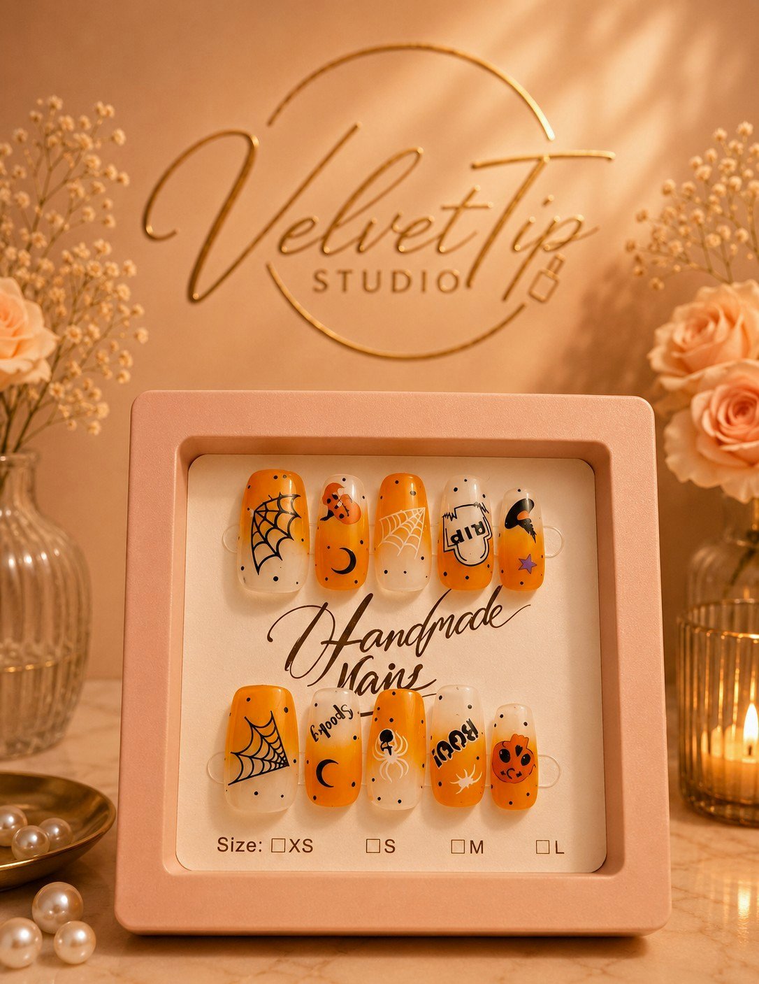 VelvetTip Studio Orange/White/Black Shiny Square Medium Press-On Nails Size M