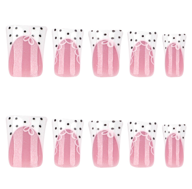 24pcs Duckbill-shaped French White Edge Black with White Dots Press-on Nails