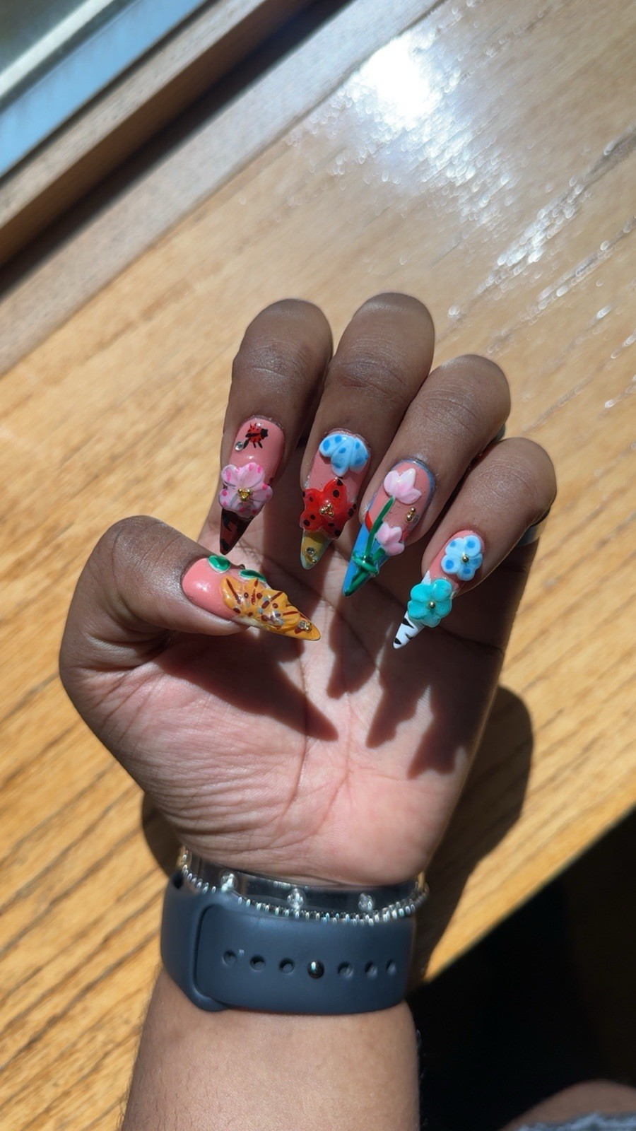 Multicolor 3D Floral Long Stiletto Press-On Nails Pre-Designed Handmade