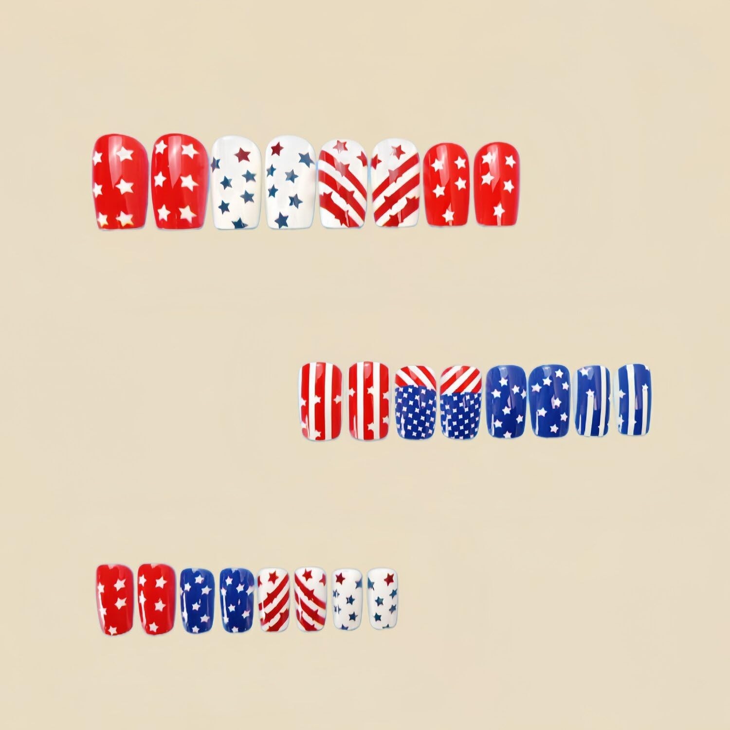 4th of July Press On Nails – Medium Square Red Blue Star Design, 24 Pcs Glossy S