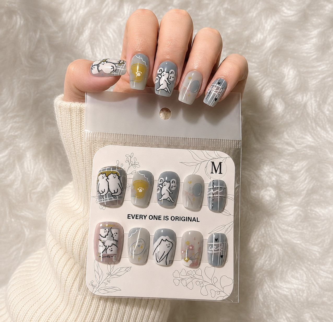 Dusty Grey Blue Cartoon Animal Press-On Nails – Glossy Full Cover – Medium