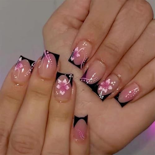 Short Square Press on Nails – Black French Tip Glue ons – Pink Aura 8302Black