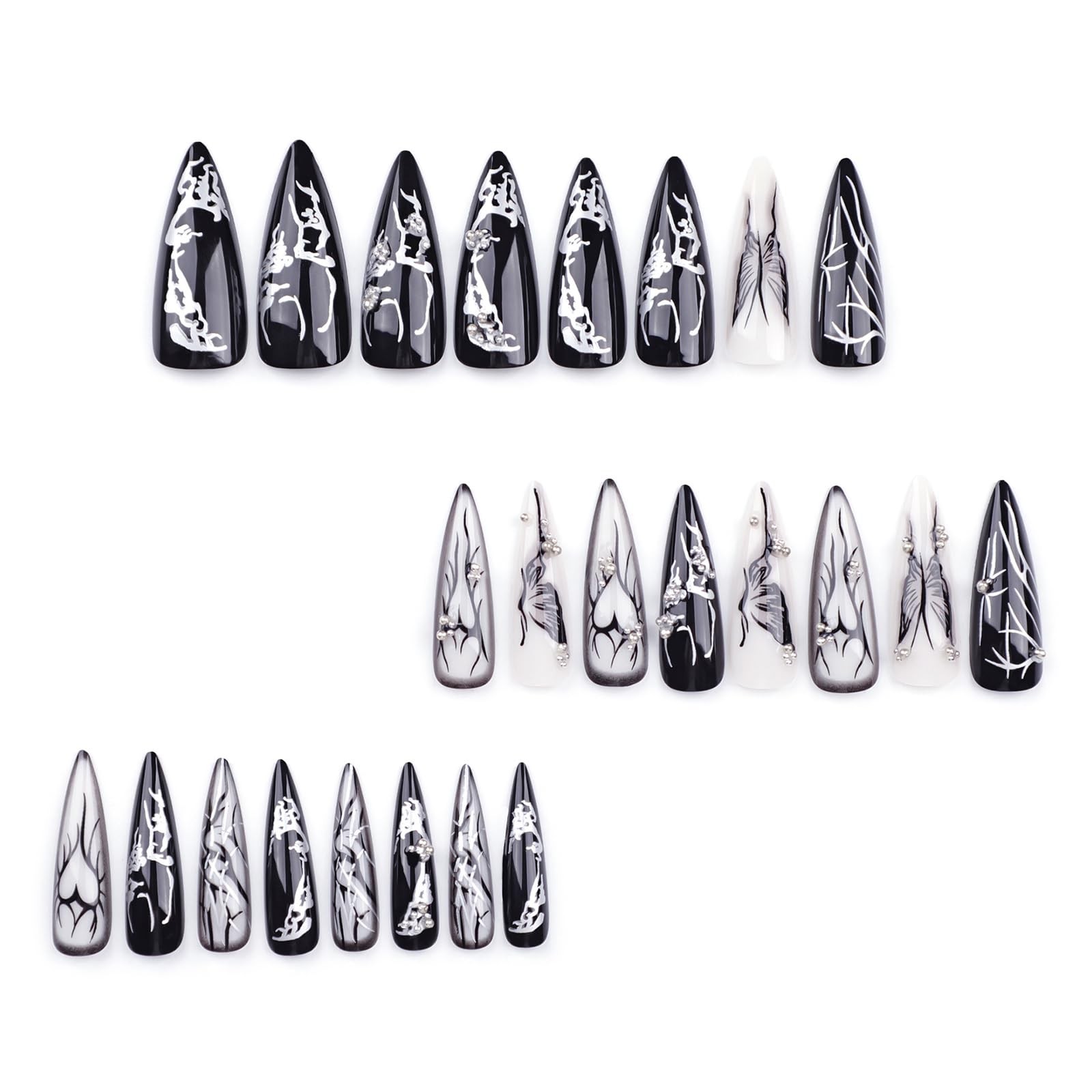 Press on Nails – Long Stiletto Glue on Nails with Goth Black, Acrylic Gothic …