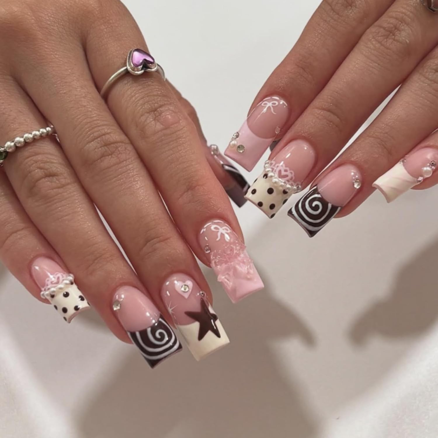 Long Square Press on Nails Sweet Y2K Fake Nail for Women 24Pcs | French Tip F…