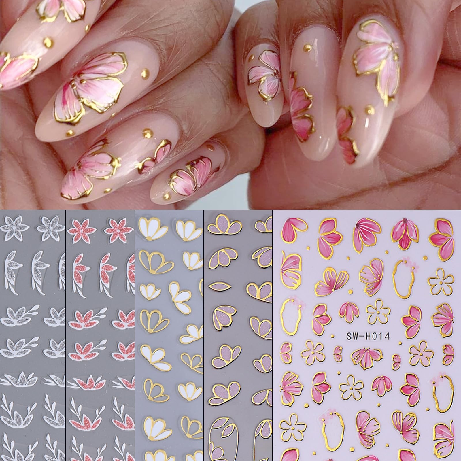 5 Sheets Nail Decals Flowers Petal Nail Art Stickers Spring Gilding Cherry Bl…