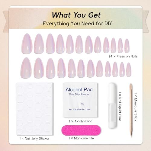 Chrome Press on Nails Almond, Medium Length Glazed Unicorn Nails Pastel Pink