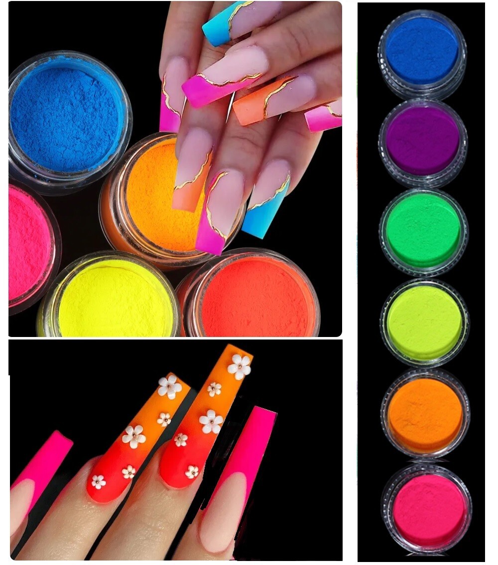 6 Neon Colour Nail Art Pigment Powder Set Dust Ombre Smoky Florescent Face Body