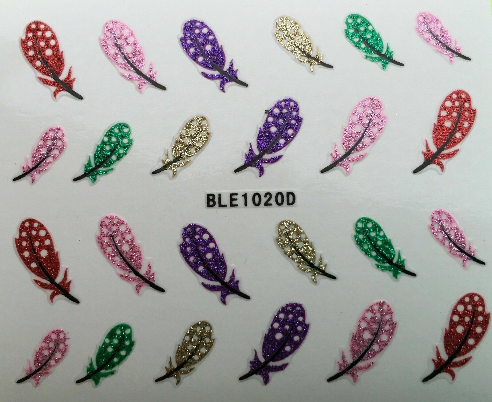 Nail Art 3D Glitter Decal Stickers Feathers Pink Red Green Purple Gold BLE1020D