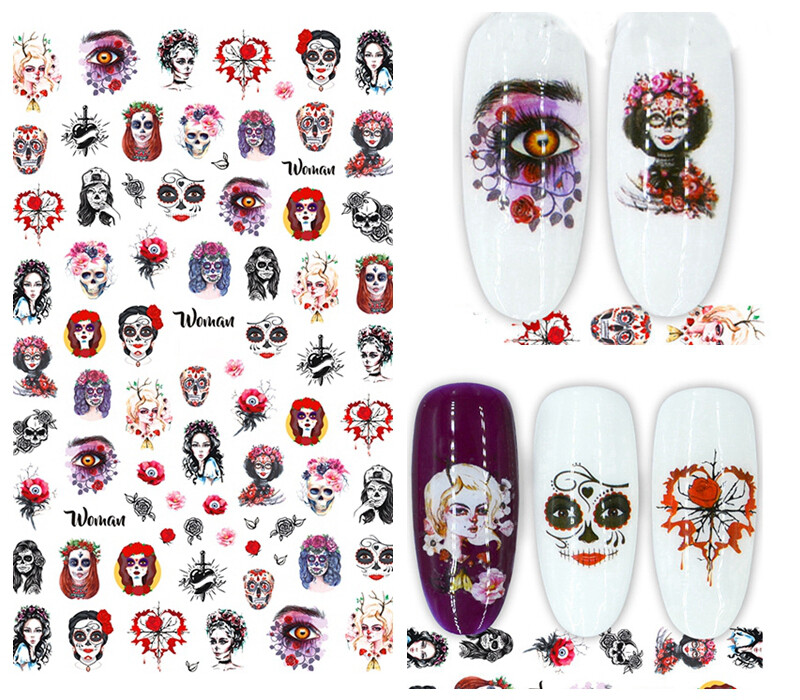 Woman Skull Flower Calavera Sugar Skull Nail Sticker Day of the Dead Heart
