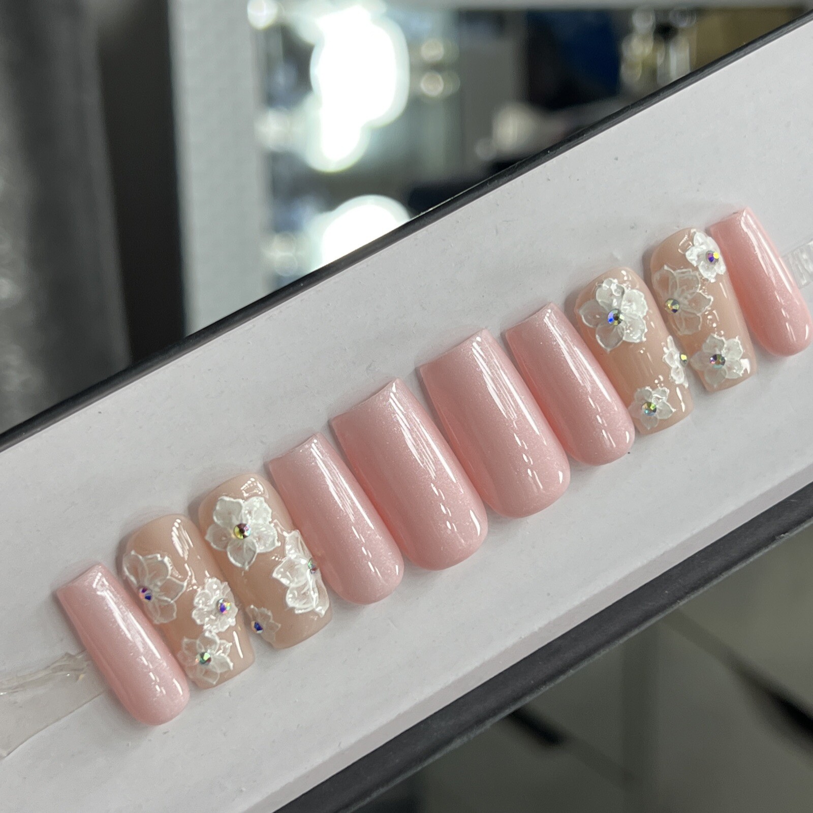 🤍 CUSTOM Hard Gel Press On Nails, Flower Pink Nude BLING 10p FULL SET W Kit