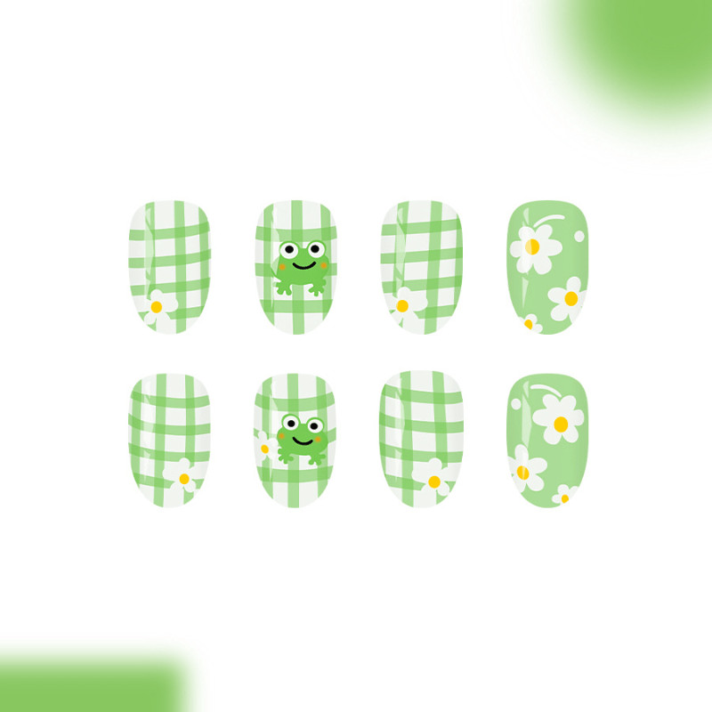 48Pcs Almond Green Plaid Frog Press on Nails Cute Flower Daily Casual Wear