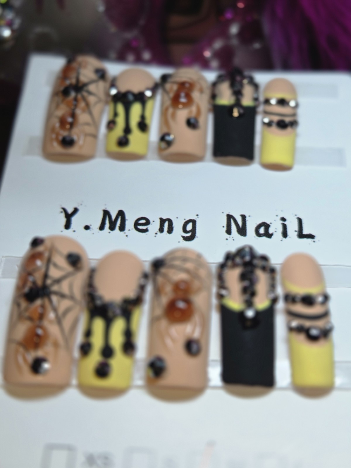 Halloween Press-On Nails, Medium, Yellow black french tip spider matte