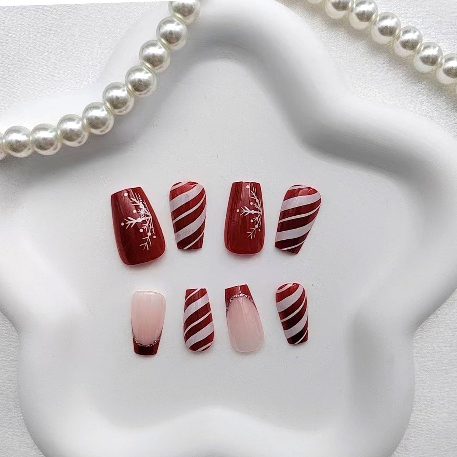 Christmas Coffin Press on Nails Short Red French Tip Fake Snowflake and Strip…