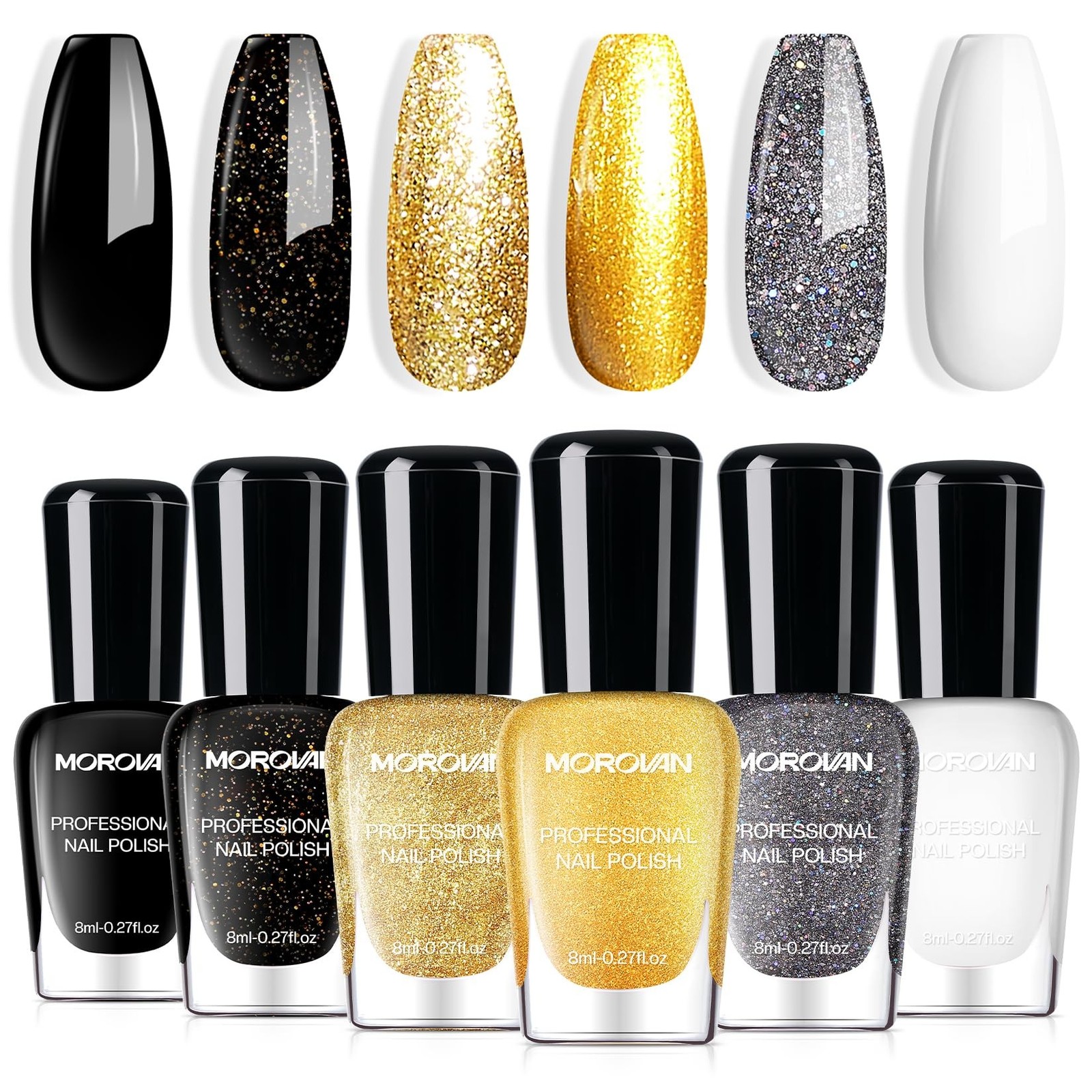 Morovan Nail Polish Set Fingernail: Black Gold White Glitter Nail Polish Kit …