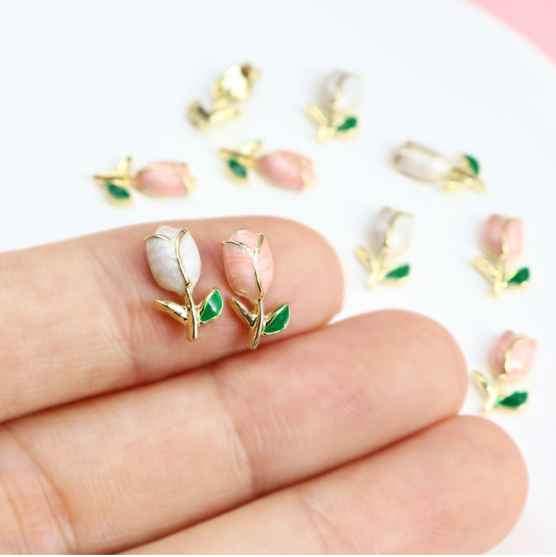 5PCS White Pink Tulip Flower Nail Art Case Charm 3D Metal Alloy Decoration NS54