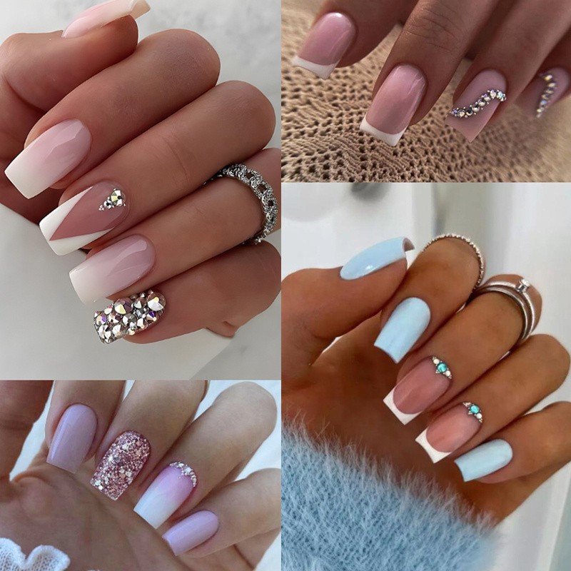 96PCS Elegant Gradient Press On Nails Rhinestone Decor Manicure for Office Daily