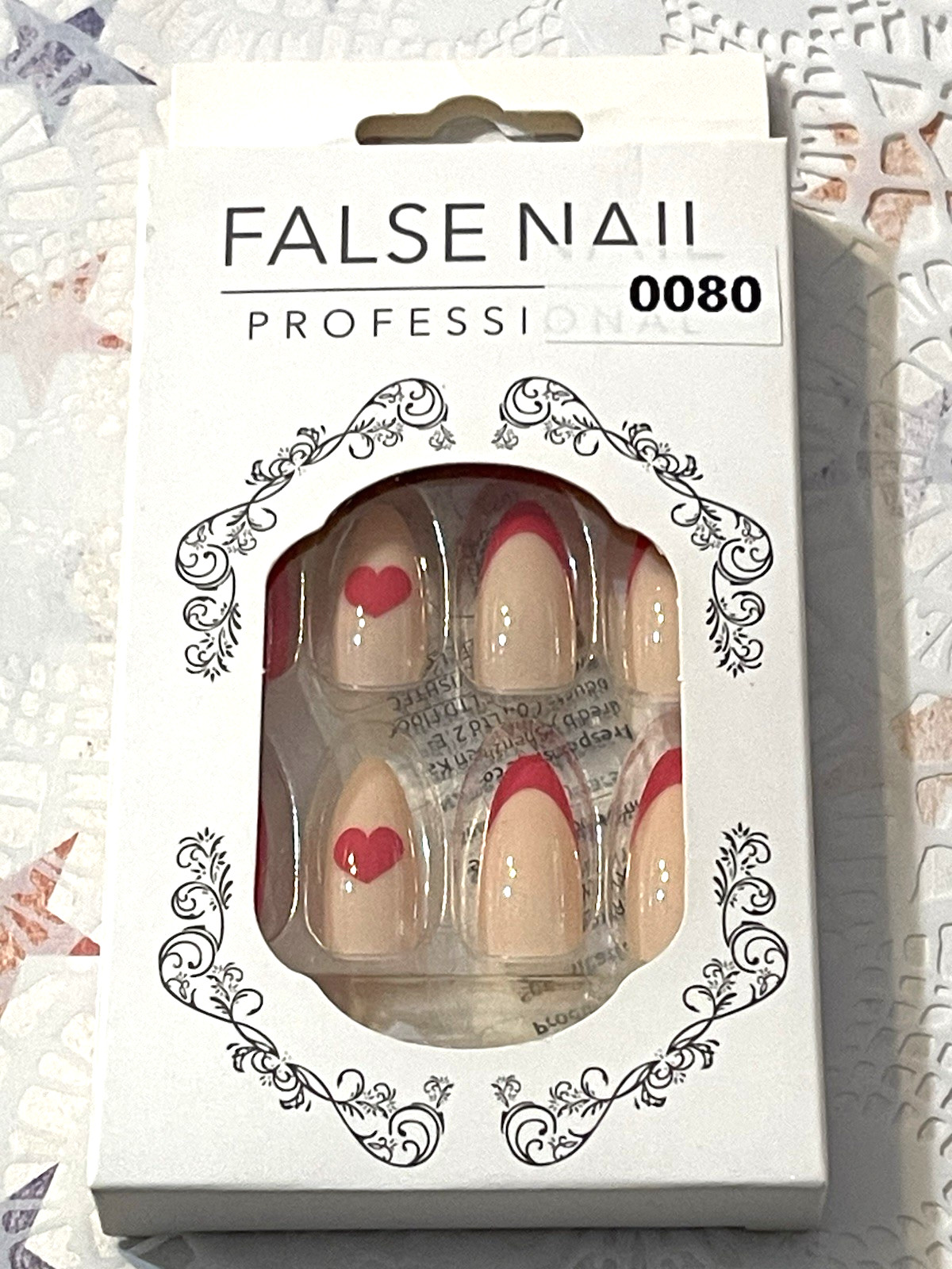 False Nail Professional NUDE with PINK RASPBERRY HEART DETAIL Press On Manicure