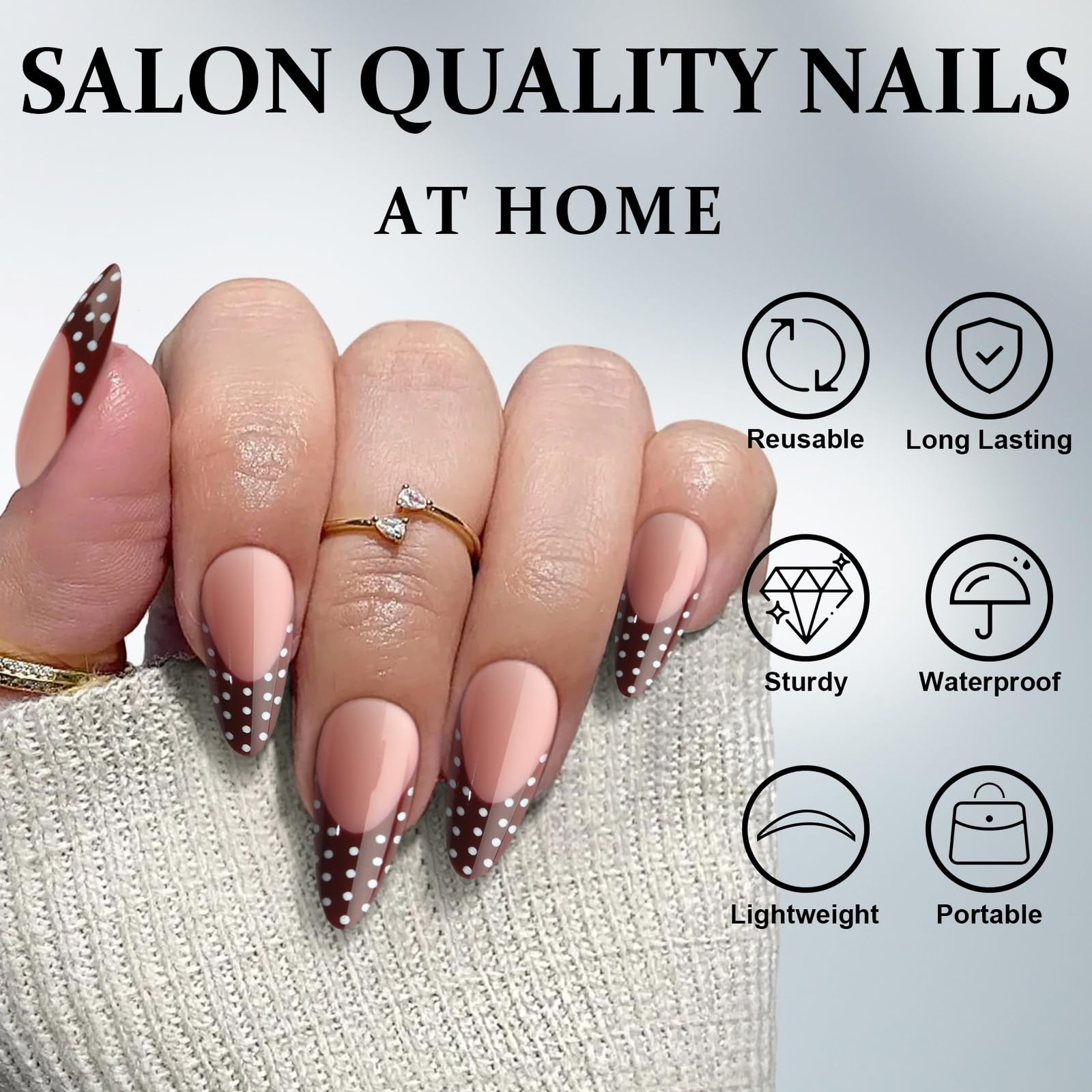 Polka Dot Press on Nails Deep French Tip Almond Fake Nails with Designs Dot, …