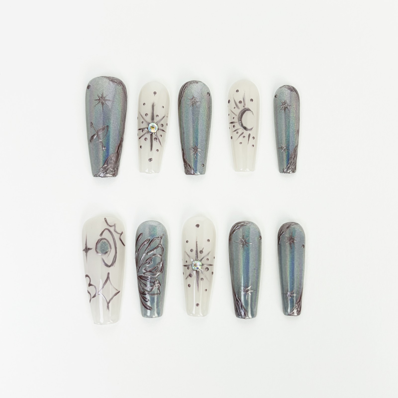 Futuristic Silver Gray Diamond Thorn Coffin Press-On Nails with Metal Details