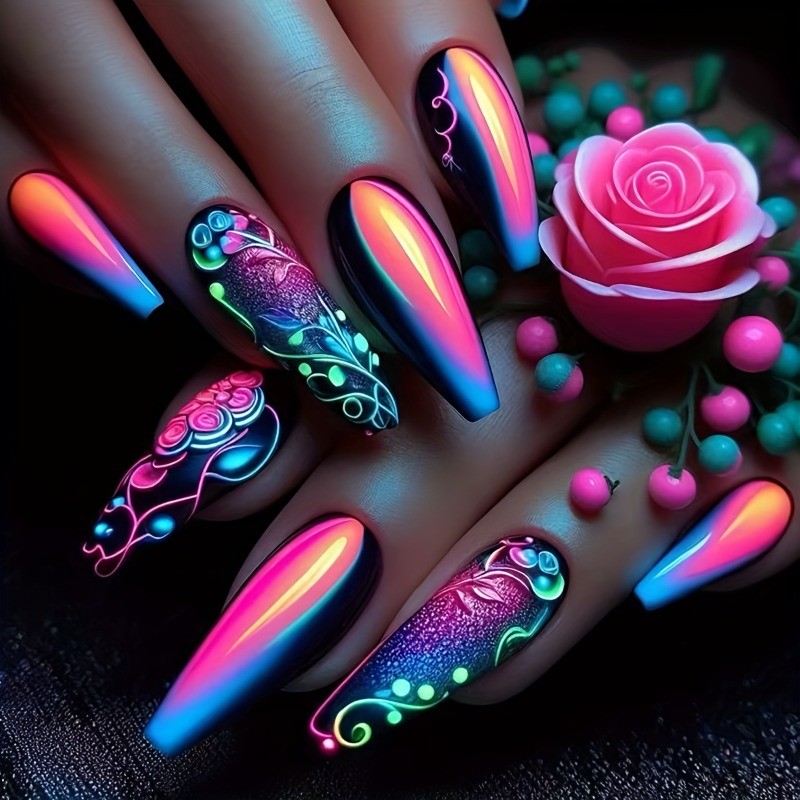 48 Pieces of Ballet Pressed Neon Blue Pink Dark Toned Glossy Fake Nails