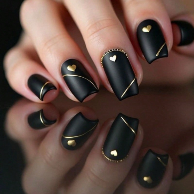 48PCS Black Striped Removable and Reusable Fake Nails, Suitable for Women