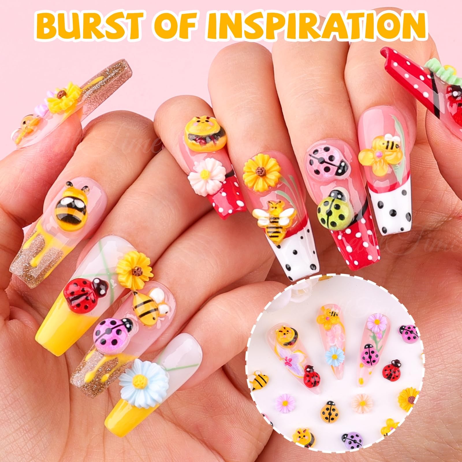 250Pcs Ladybug Nail Charms, Tiny Bee Nail Art Charms Resin Cartoon Daisy Flow…