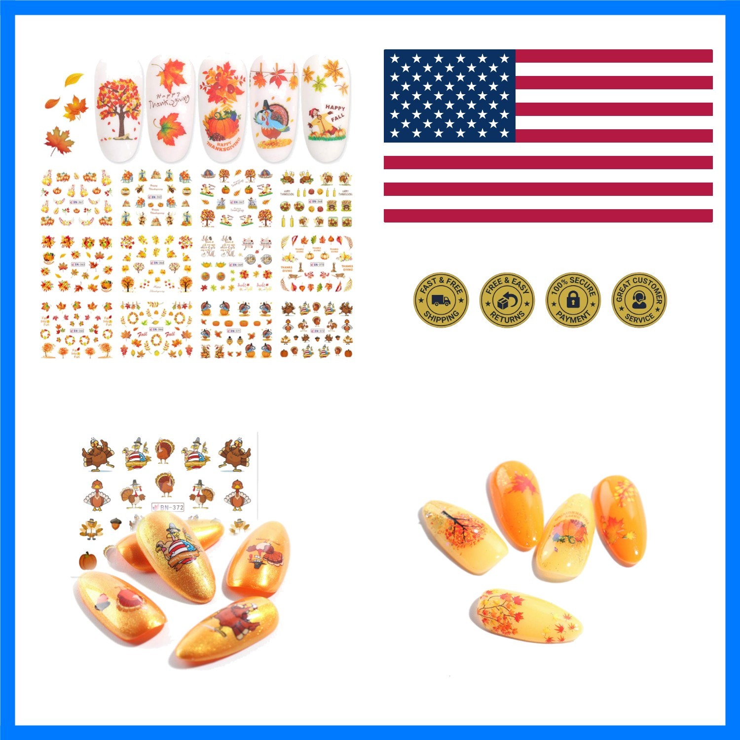 Fall Nail Stickers Autumn Maple Leaf Nail Art Decals Thanksgiving Day Water D…