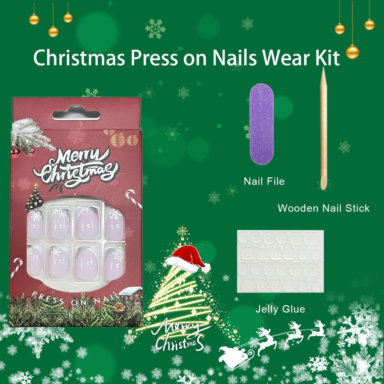 Christmas Press on Nails Medium Square Fake Nail with White Snowflake Designs…