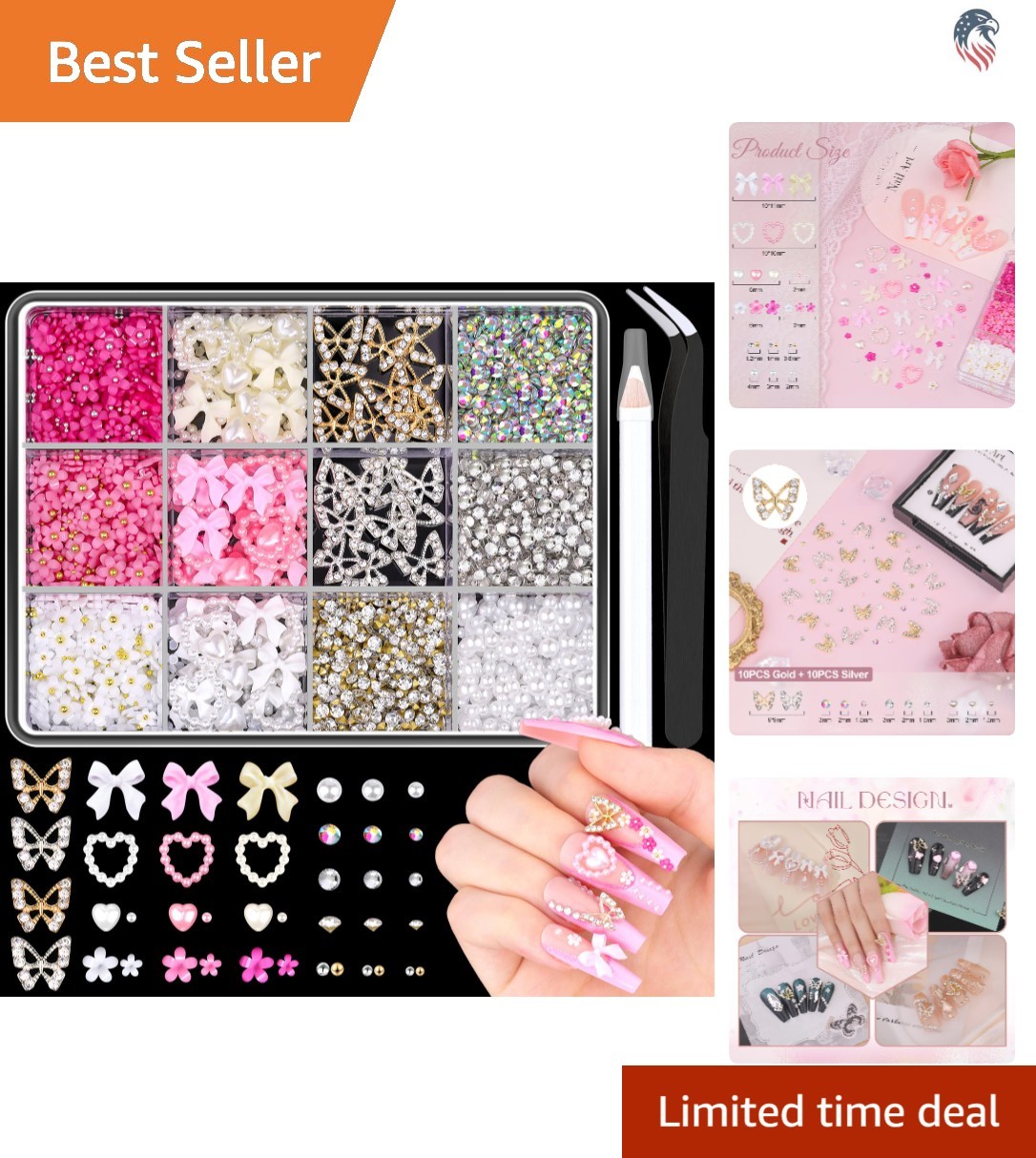 Nail Charms Set Compatible with Nail Art 3D Flowers Butterflies Bows Rhinestones