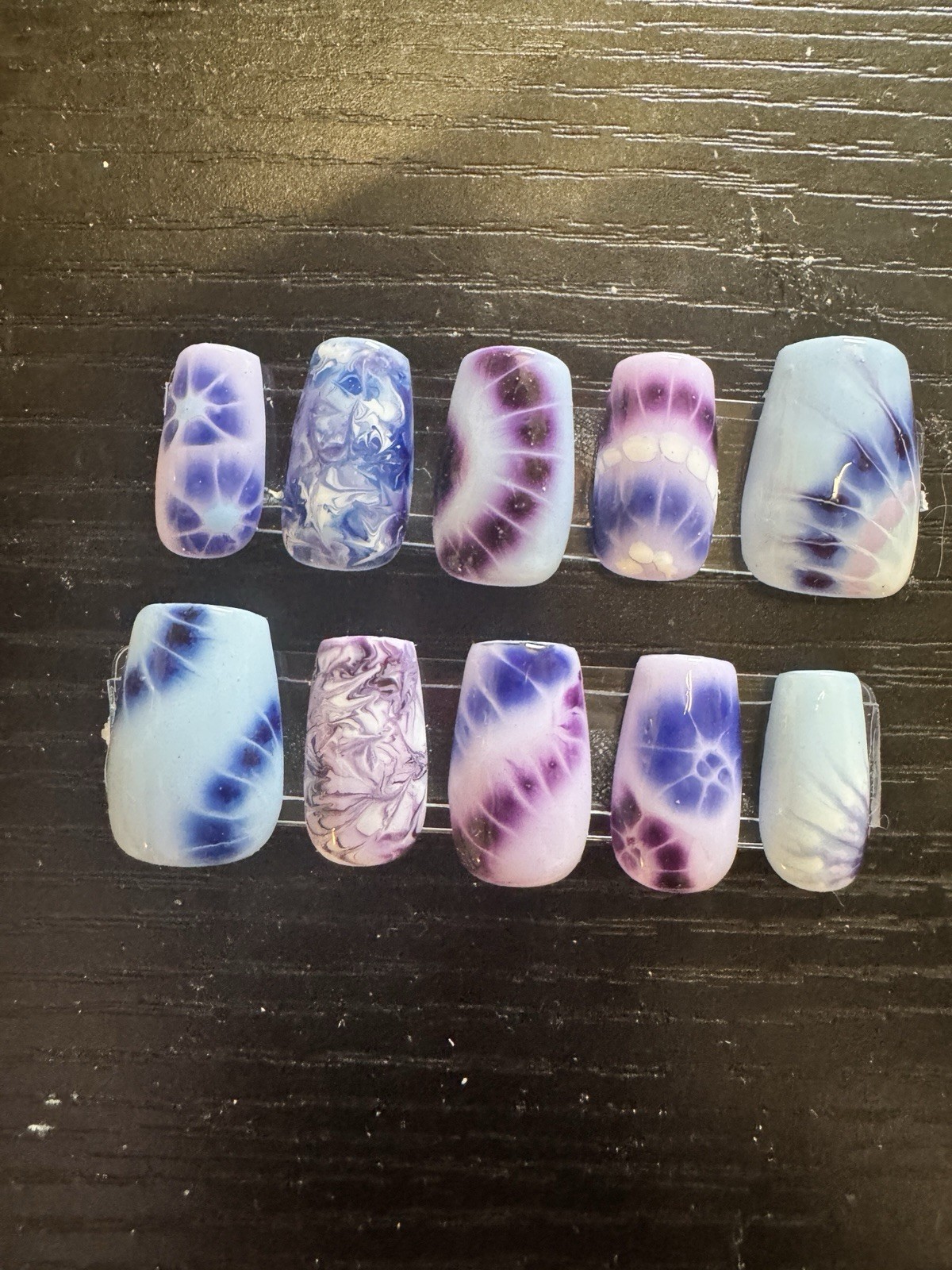 Purple Blue White Tie-Dye Squoval Press-On Nails Set Full Cover