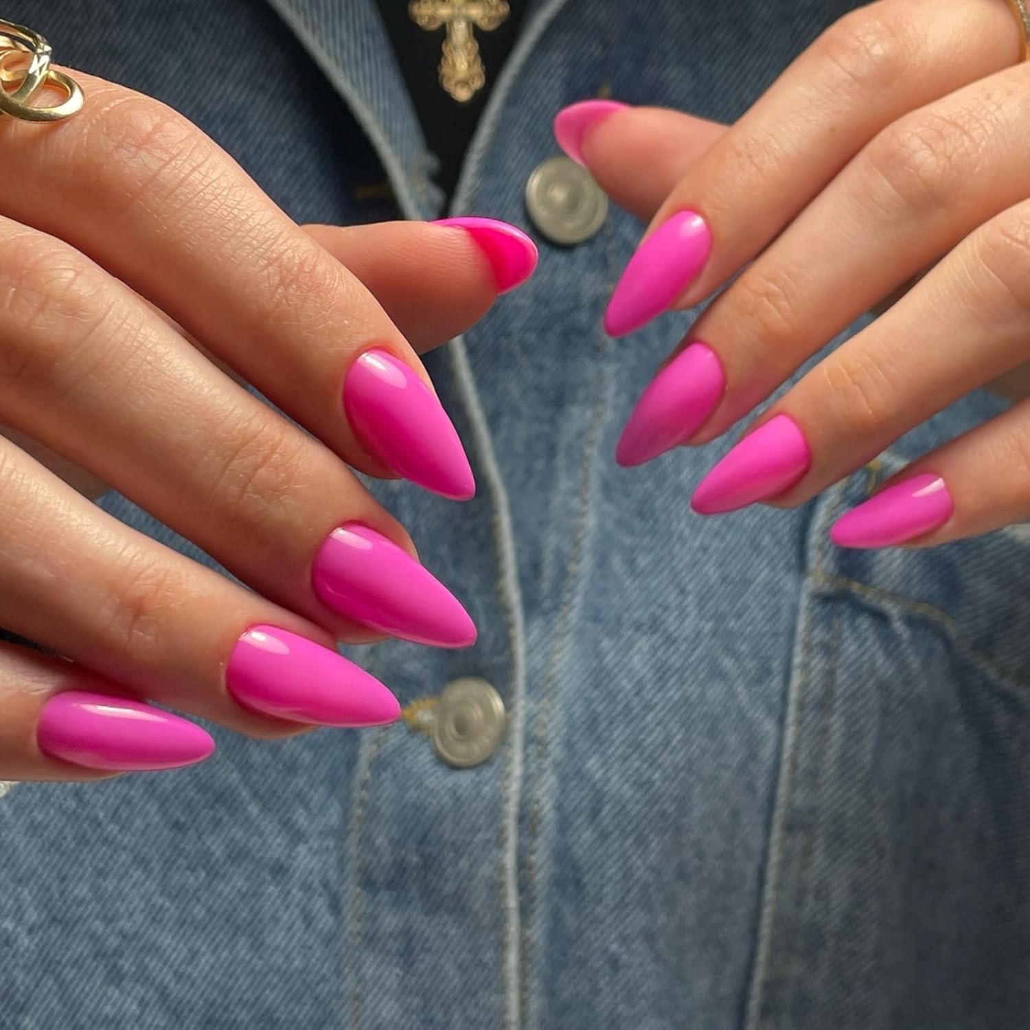 48pcs Hot Pink Almond Press On Nails – Reusable Medium Length Gel Beauties
