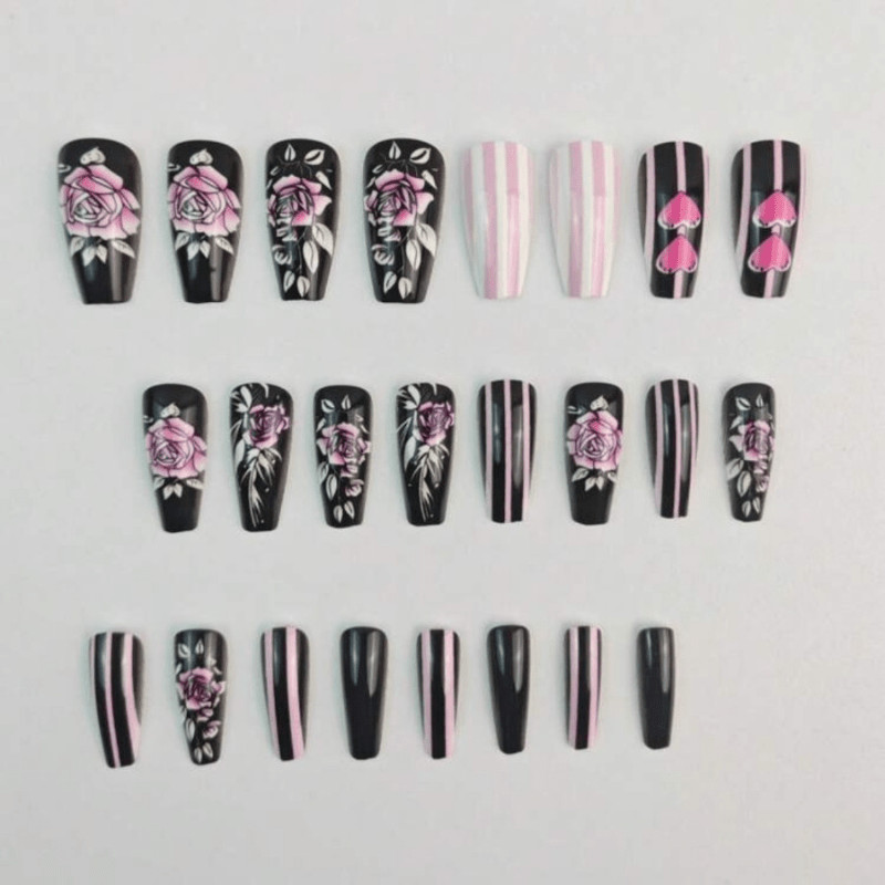 48 Pcs Rose Heart Stripe Black Coffin Press on Nails, Cool Trendy Fake Nails