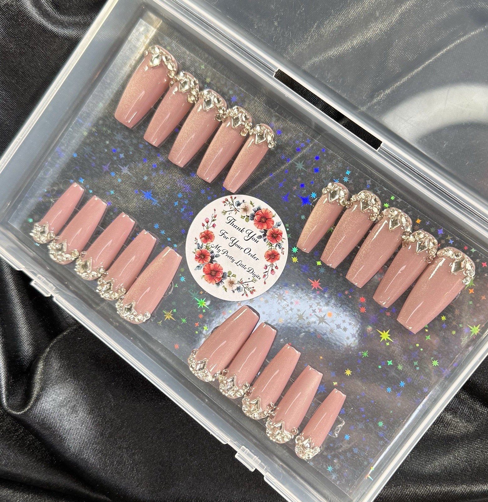 Handmade Press On Nails, Mauve With Diamond Setting In XL~Includes Free Gifts💝