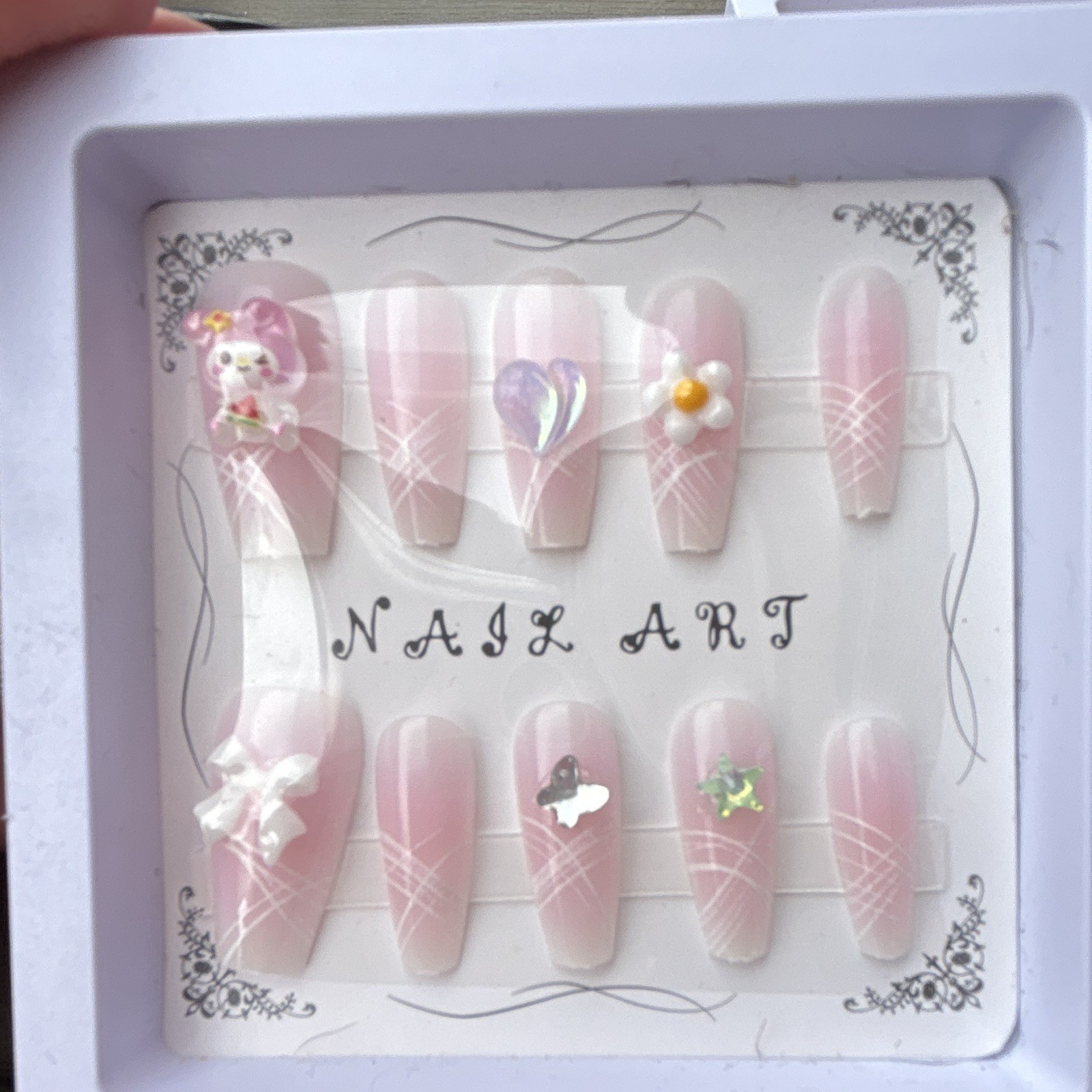 Pink/White Press-On Nails Long Coffin Full Cover Pre-Designed Shiny Flowers