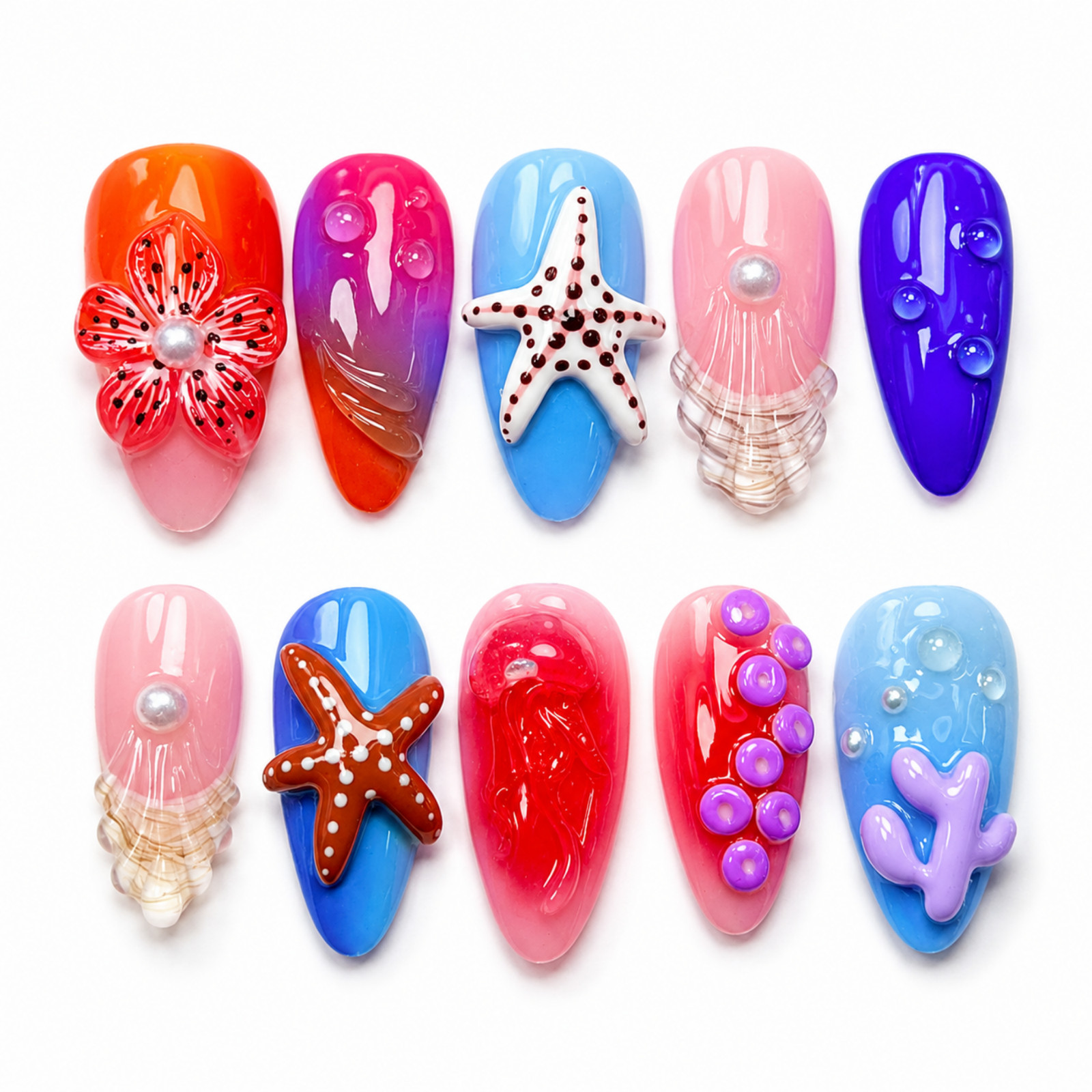 Handmade 3D Ocean Press On Nails Starfish Jellyfish Seashell Set