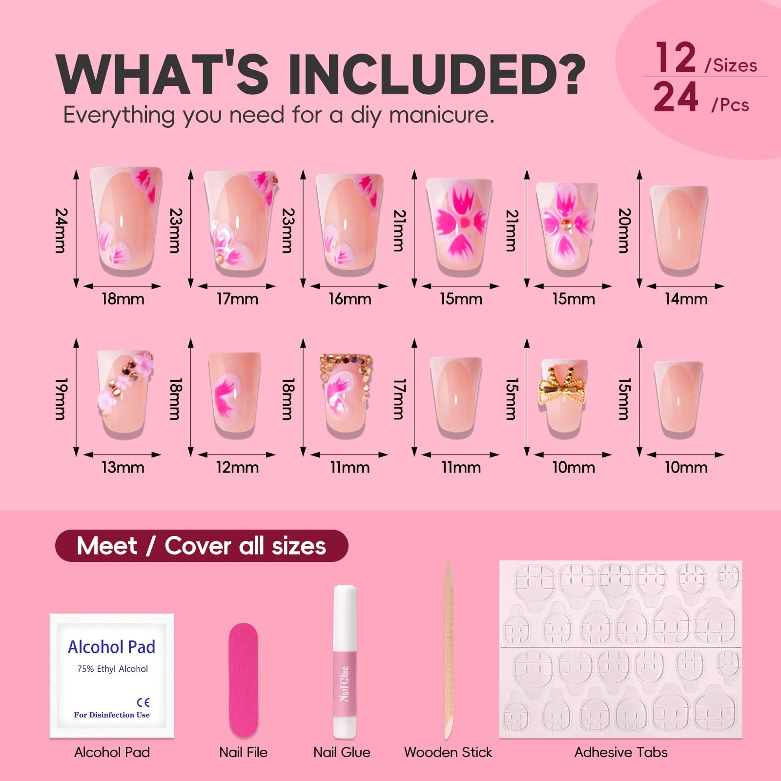 3D Hot Pink Flower Summer Beach Press on Nails Short Duck Shaped,Cute Gold Bo…