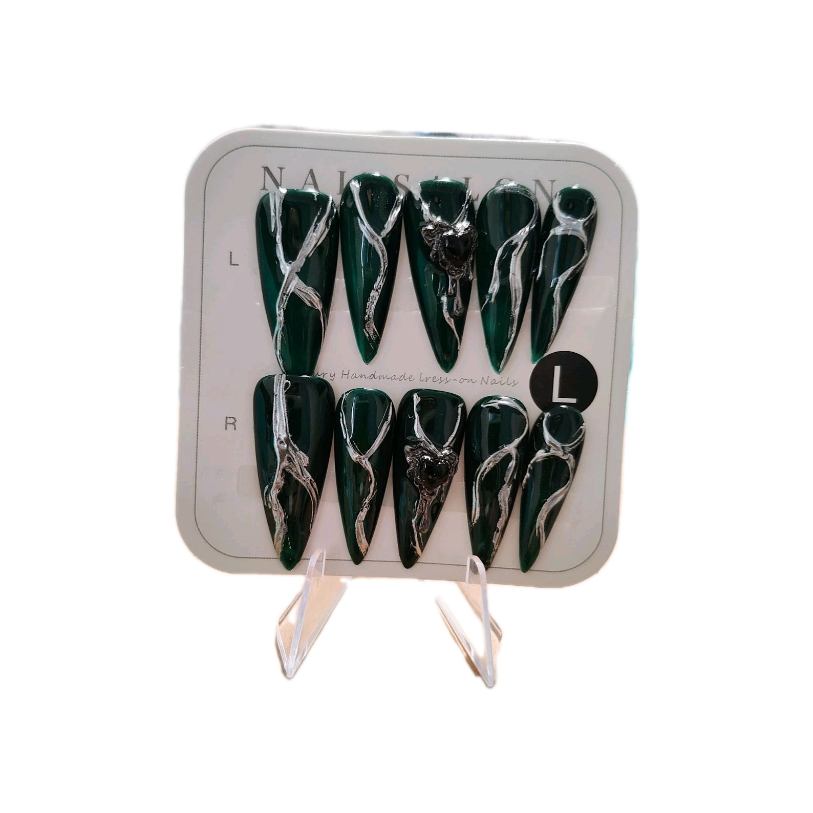Green Silver Black 3D Stiletto Large Press-On Nails Full Cover