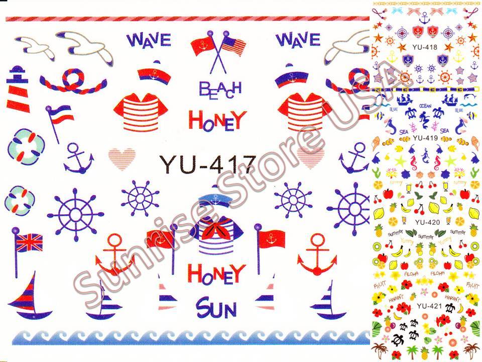 Nail Sticker Water Transfer Palm Tree Hawaii Anchor Fruit Flower Flag Bird Beach
