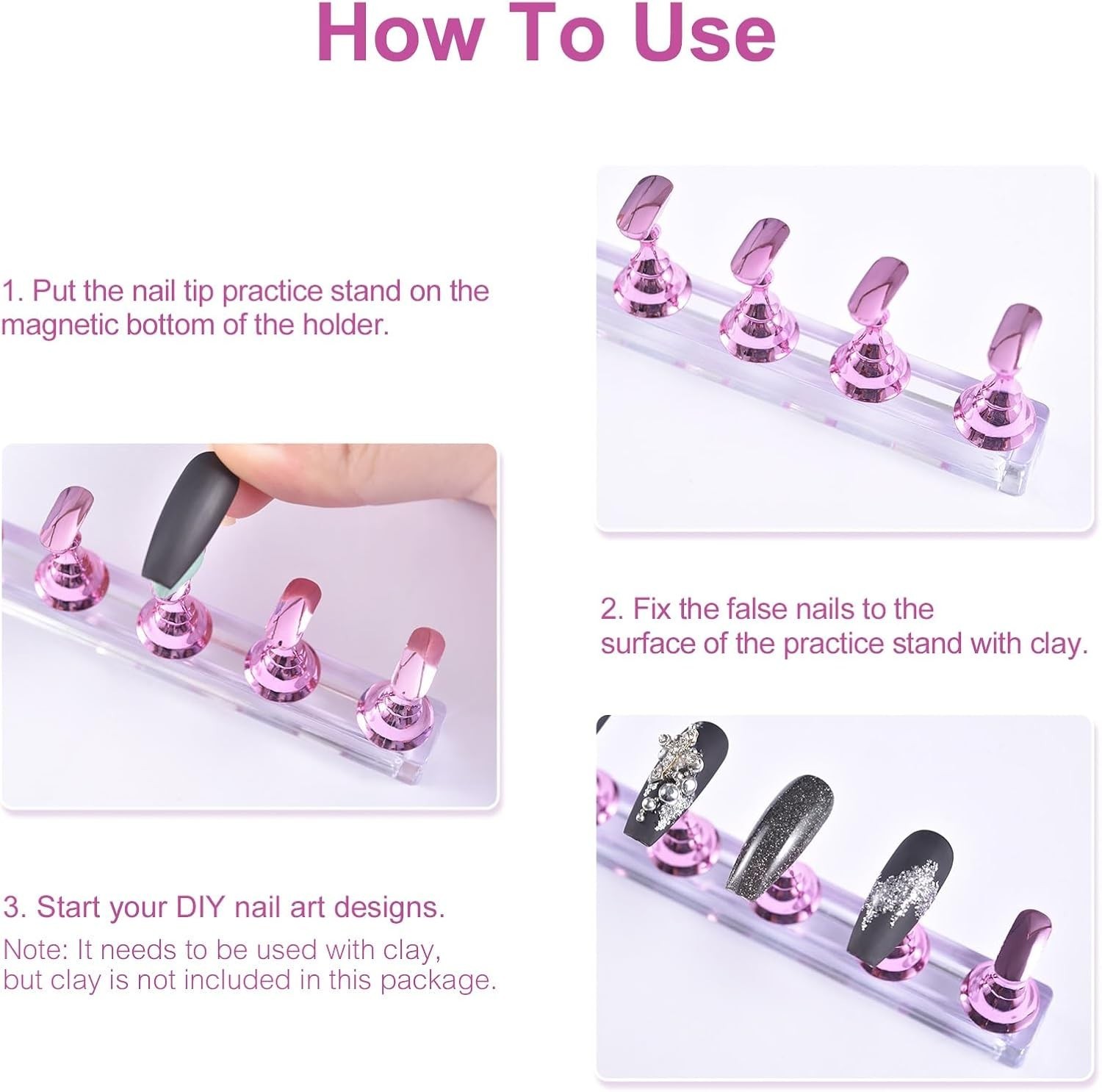 Elegant 2 Sets Nail Art Stand with Magnetic Design for Press-On Nails Practice
