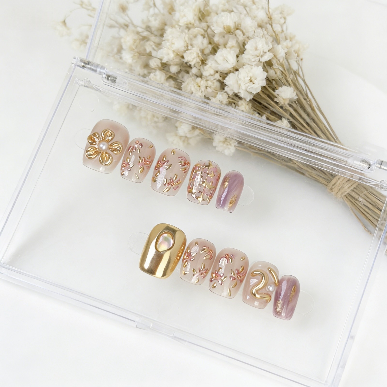 Pink Purple Press On Nails Short Square Gold Flower Pearl Handmade Set gift