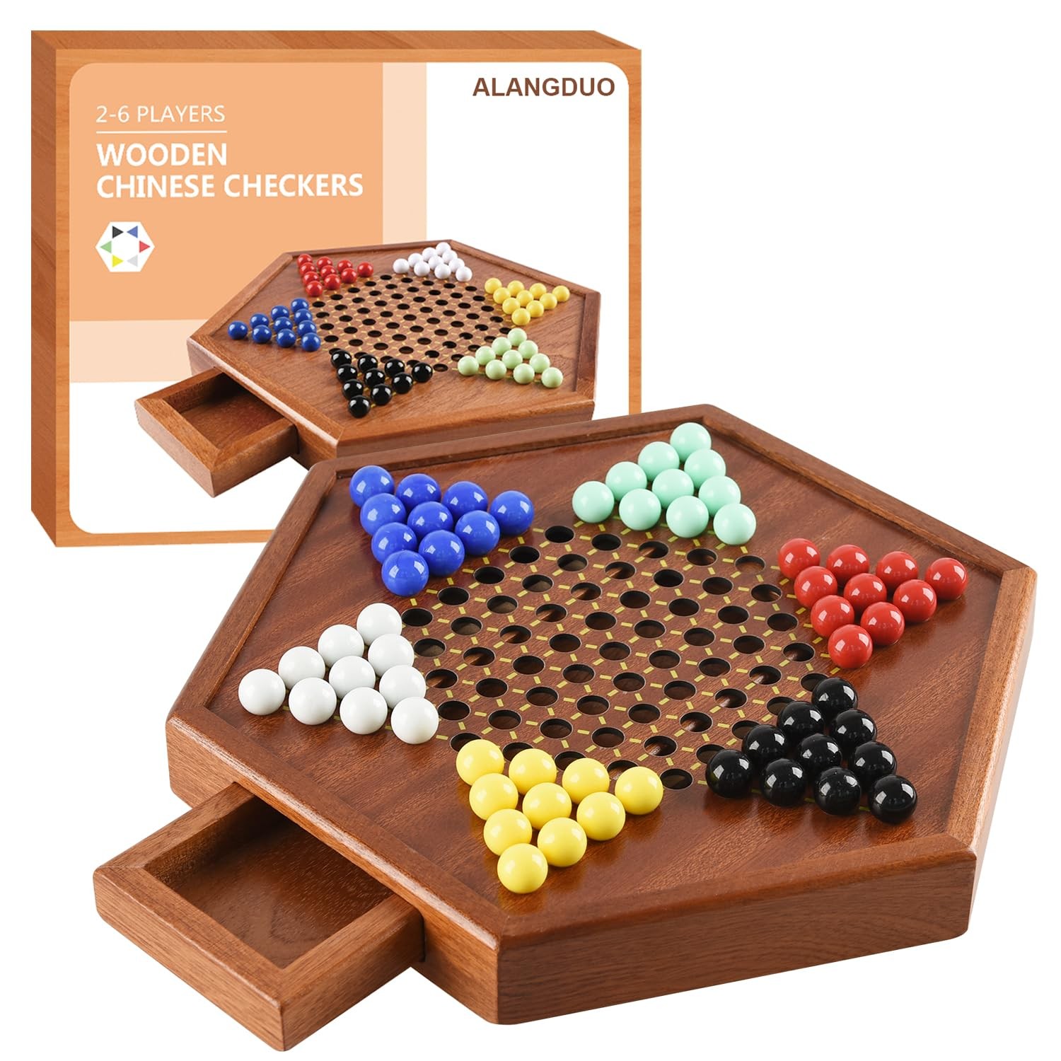 Wooden Chinese Checkers with Drawers 12 Bonus 12.7 x 11 x 1.6 inches, Brown